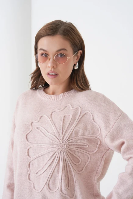 Kadın Bisiklet Yaka Desen İşlemeli Yumuşak Dokulu Triko Kazak