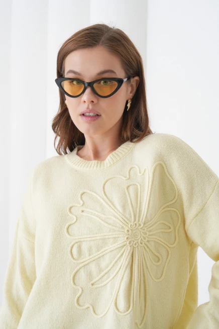 Kadın Bisiklet Yaka Desen İşlemeli Yumuşak Dokulu Triko Kazak