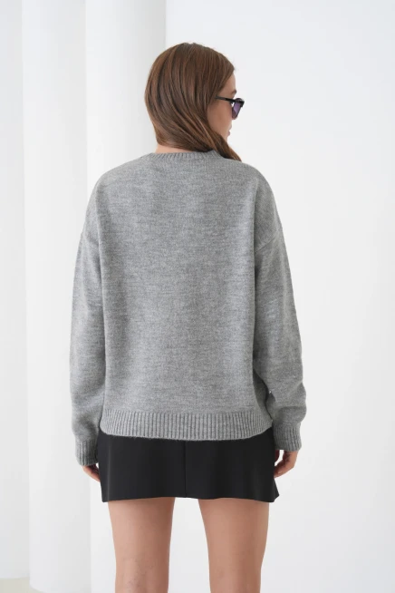 Kadın Bisiklet Yaka Desen İşlemeli Yumuşak Dokulu Triko Kazak