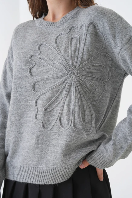 Kadın Bisiklet Yaka Desen İşlemeli Yumuşak Dokulu Triko Kazak