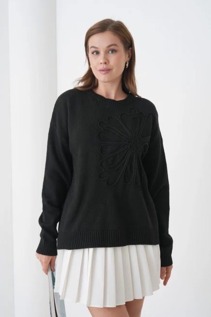 Kadın Bisiklet Yaka Desen İşlemeli Yumuşak Dokulu Triko Kazak