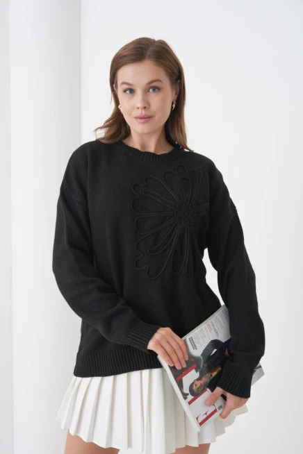 Kadın Bisiklet Yaka Desen İşlemeli Yumuşak Dokulu Triko Kazak