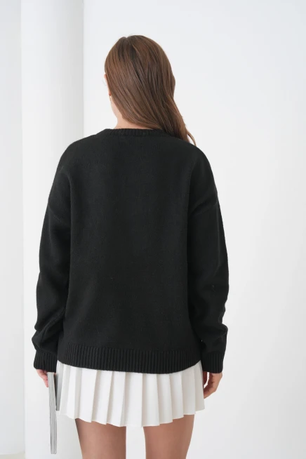 Kadın Bisiklet Yaka Desen İşlemeli Yumuşak Dokulu Triko Kazak