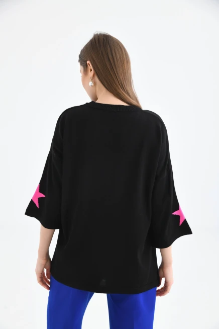 Kadın Bisiklet Yaka Desenli Oversize Yırtmaçlı Triko Kazak