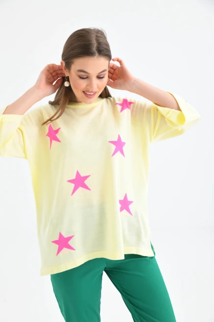 Kadın Bisiklet Yaka Desenli Oversize Yırtmaçlı Triko Kazak