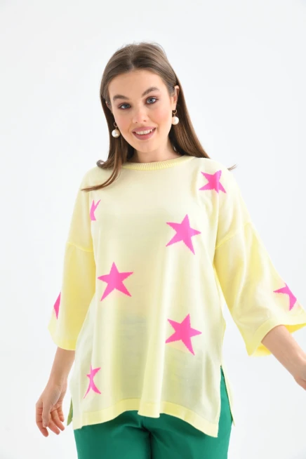 Kadın Bisiklet Yaka Desenli Oversize Yırtmaçlı Triko Kazak