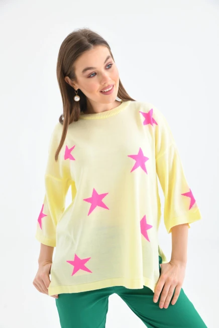 Kadın Bisiklet Yaka Desenli Oversize Yırtmaçlı Triko Kazak