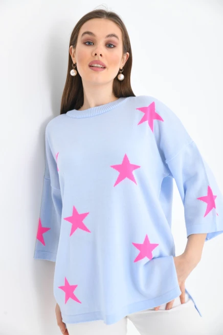 Kadın Bisiklet Yaka Desenli Oversize Yırtmaçlı Triko Kazak