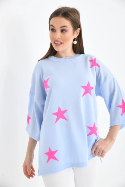 Kadın Bisiklet Yaka Desenli Oversize Yırtmaçlı Triko Kazak