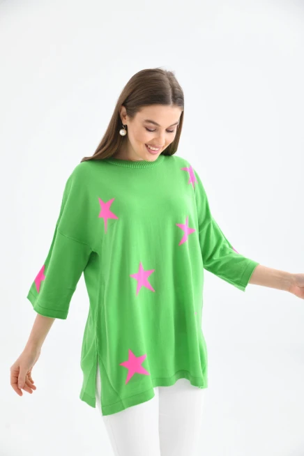 Kadın Bisiklet Yaka Desenli Oversize Yırtmaçlı Triko Kazak