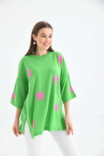 Kadın Bisiklet Yaka Desenli Oversize Yırtmaçlı Triko Kazak