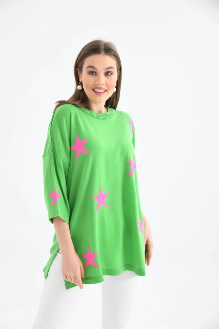 Kadın Bisiklet Yaka Desenli Oversize Yırtmaçlı Triko Kazak