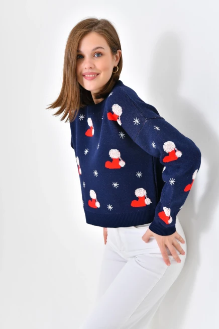 Kadın Bisiklet Yaka Desenli Simli Triko Kazak 10563