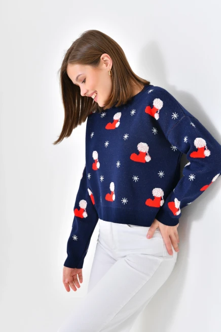 Kadın Bisiklet Yaka Desenli Simli Triko Kazak 10563