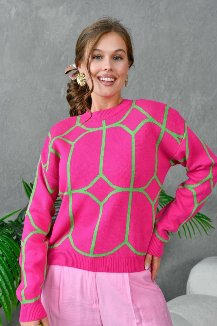 Kadın Bisiklet Yaka Desenli Triko Kazak