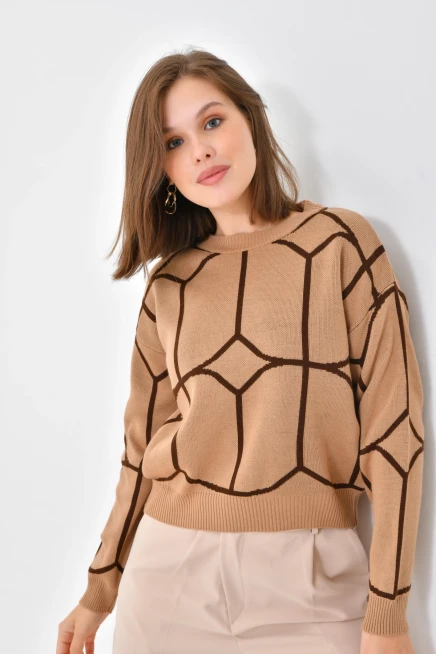 Kadın Bisiklet Yaka Desenli Triko Kazak