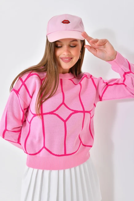 Kadın Bisiklet Yaka Desenli Triko Kazak