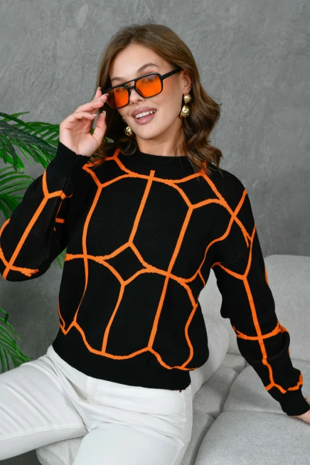Kadın Bisiklet Yaka Desenli Triko Kazak