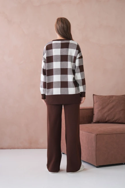 Kadın Bisiklet Yaka Desenli Yırtmaçlı Salaş Kazak Pantolon İkili Triko Takım