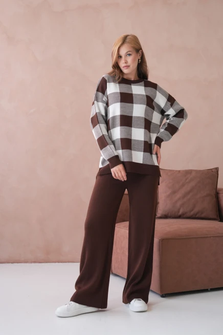 Kadın Bisiklet Yaka Desenli Yırtmaçlı Salaş Kazak Pantolon İkili Triko Takım