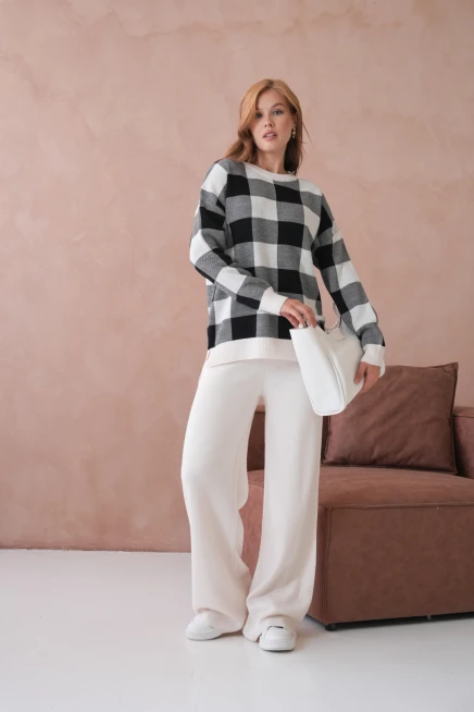 Kadın Bisiklet Yaka Desenli Yırtmaçlı Salaş Kazak Pantolon İkili Triko Takım