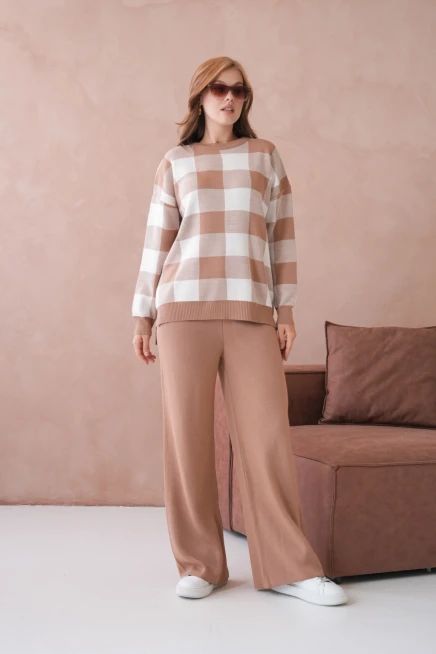 Kadın Bisiklet Yaka Desenli Yırtmaçlı Salaş Kazak Pantolon İkili Triko Takım