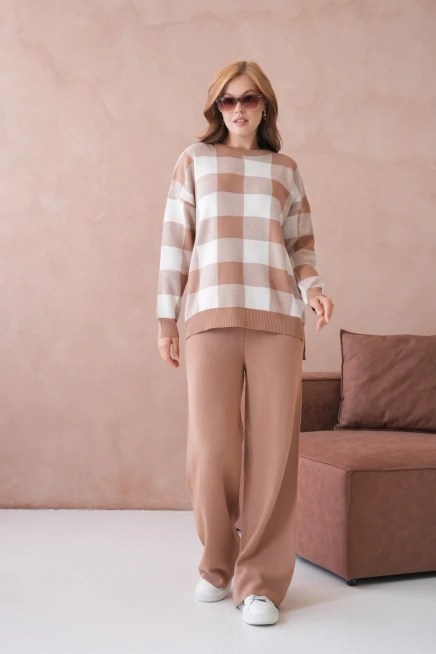 Kadın Bisiklet Yaka Desenli Yırtmaçlı Salaş Kazak Pantolon İkili Triko Takım