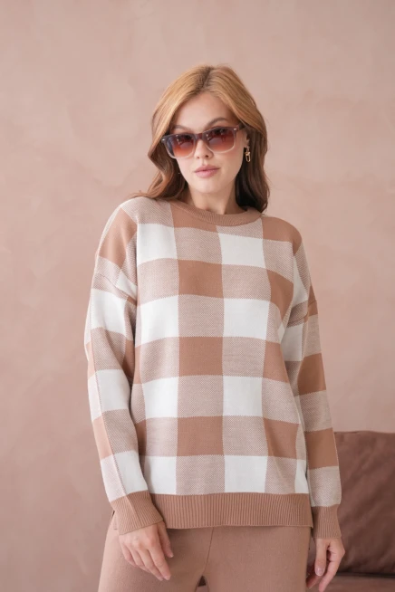 Kadın Bisiklet Yaka Desenli Yırtmaçlı Salaş Kazak Pantolon İkili Triko Takım