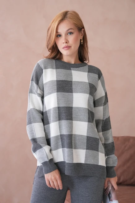 Kadın Bisiklet Yaka Desenli Yırtmaçlı Salaş Kazak Pantolon İkili Triko Takım