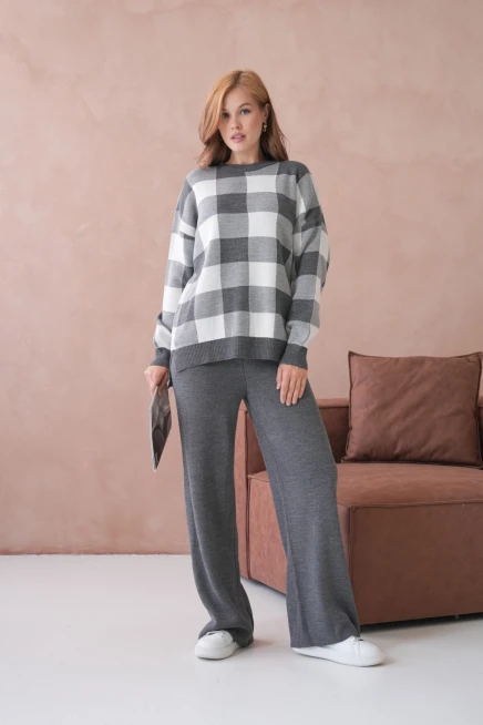 Kadın Bisiklet Yaka Desenli Yırtmaçlı Salaş Kazak Pantolon İkili Triko Takım