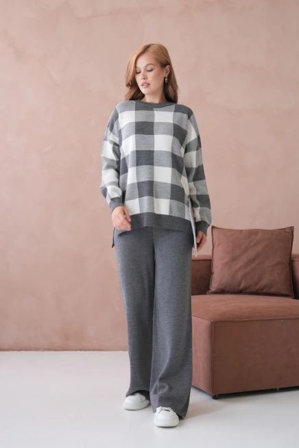 Kadın Bisiklet Yaka Desenli Yırtmaçlı Salaş Kazak Pantolon İkili Triko Takım