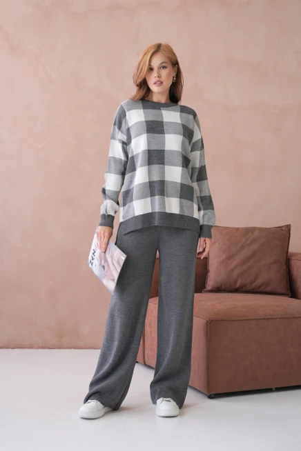 Kadın Bisiklet Yaka Desenli Yırtmaçlı Salaş Kazak Pantolon İkili Triko Takım