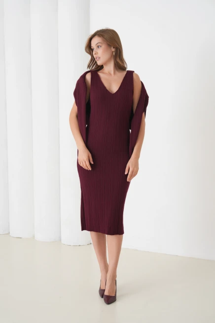 Kadın Bisiklet Yaka Dokulu Kazak Elbise İkili Triko Takım