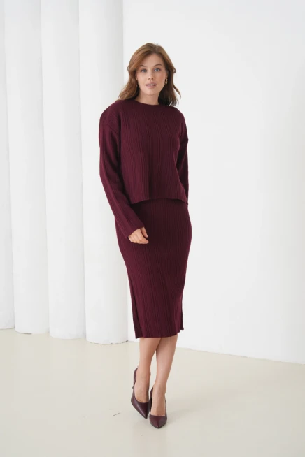 Kadın Bisiklet Yaka Dokulu Kazak Elbise İkili Triko Takım