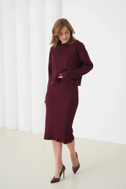 Kadın Bisiklet Yaka Dokulu Kazak Elbise İkili Triko Takım