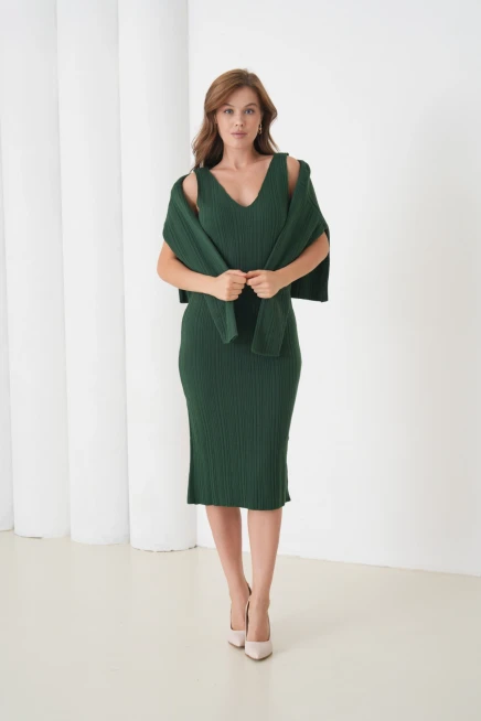 Kadın Bisiklet Yaka Dokulu Kazak Elbise İkili Triko Takım