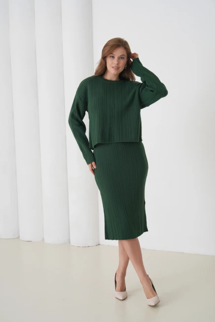 Kadın Bisiklet Yaka Dokulu Kazak Elbise İkili Triko Takım