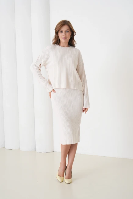 Kadın Bisiklet Yaka Dokulu Kazak Elbise İkili Triko Takım