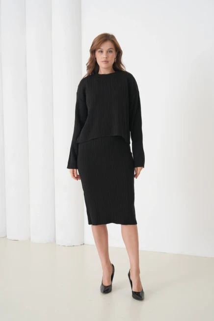 Kadın Bisiklet Yaka Dokulu Kazak Elbise İkili Triko Takım