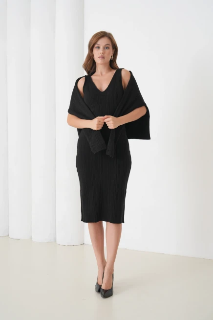 Kadın Bisiklet Yaka Dokulu Kazak Elbise İkili Triko Takım