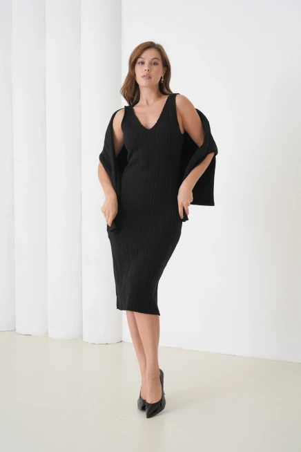 Kadın Bisiklet Yaka Dokulu Kazak Elbise İkili Triko Takım