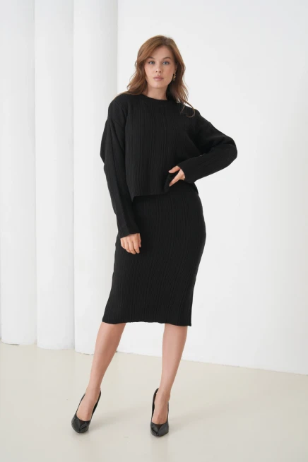 Kadın Bisiklet Yaka Dokulu Kazak Elbise İkili Triko Takım