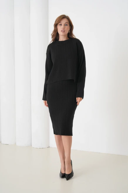 Kadın Bisiklet Yaka Dokulu Kazak Elbise İkili Triko Takım