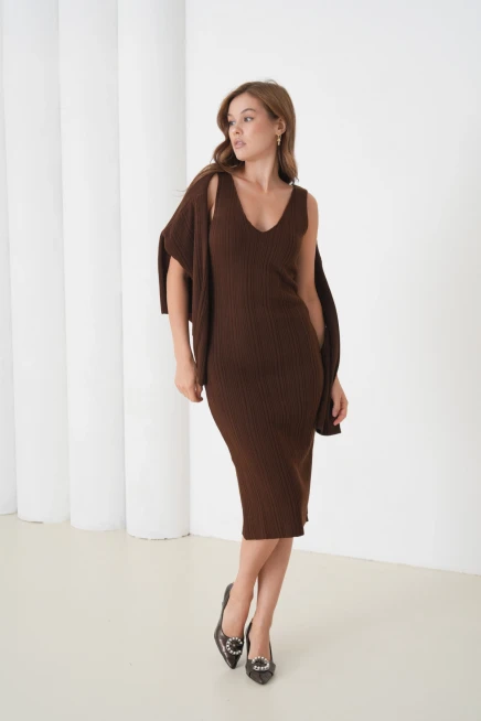 Kadın Bisiklet Yaka Dokulu Kazak Elbise İkili Triko Takım