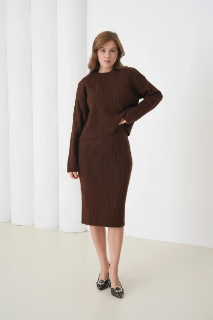 Kadın Bisiklet Yaka Dokulu Kazak Elbise İkili Triko Takım