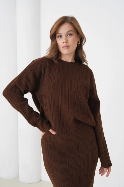 Kadın Bisiklet Yaka Dokulu Kazak Elbise İkili Triko Takım