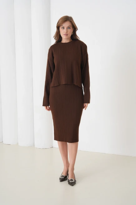 Kadın Bisiklet Yaka Dokulu Kazak Elbise İkili Triko Takım