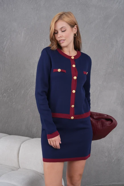 Kadın Bisiklet Yaka Düğme Detay Ceket Etek İkili Triko Takım