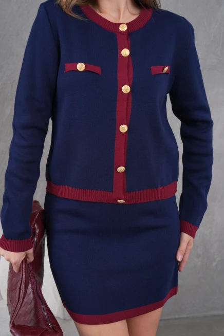 Kadın Bisiklet Yaka Düğme Detay Ceket Etek İkili Triko Takım