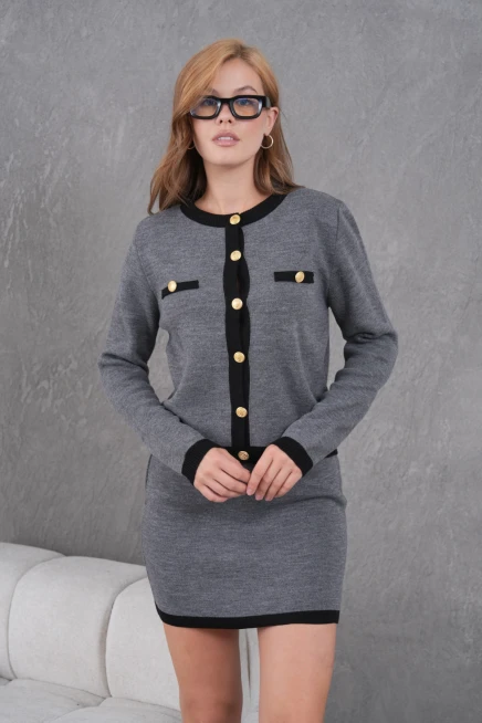 Kadın Bisiklet Yaka Düğme Detay Ceket Etek İkili Triko Takım